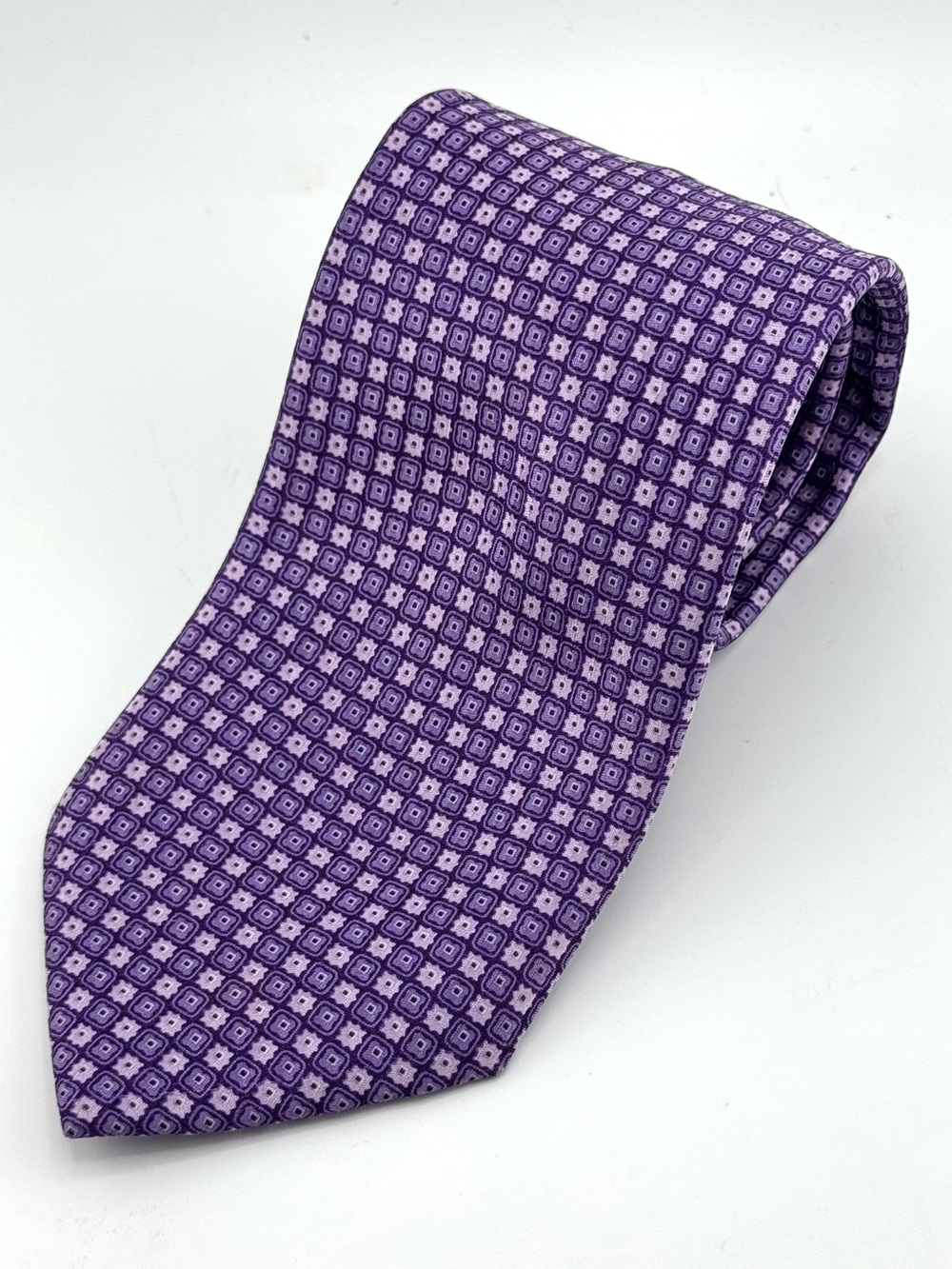 Brioni 100% Silk Neck Tie Purple Geometric Medallion Print Luxury Italy - Picture 7 of 7